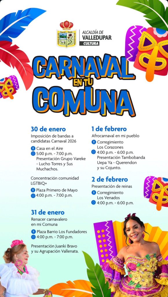 Programación del Carnaval de Valledupar 2026 para este fin de semana. FOTO: ALCALDÍA DE VALLEDUPAR.

