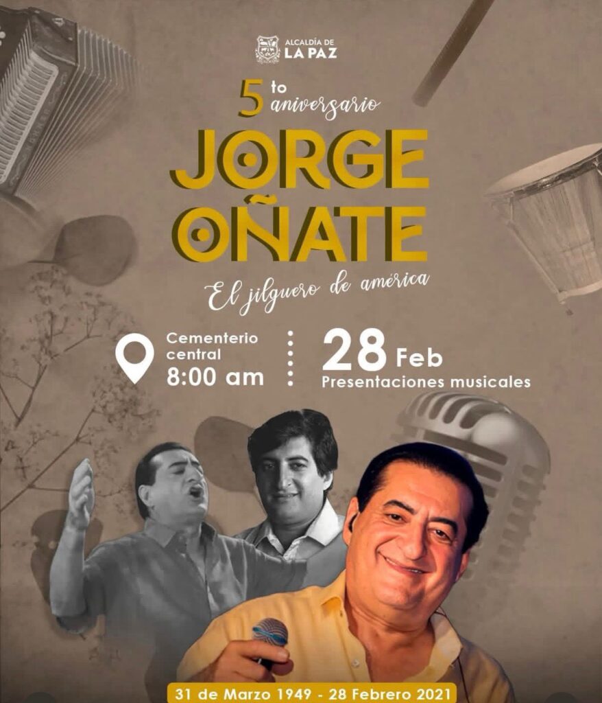 Invitación de la Alcaldía de La Paz al homenaje por los cinco años de la muerte de Jorge Oñate.
