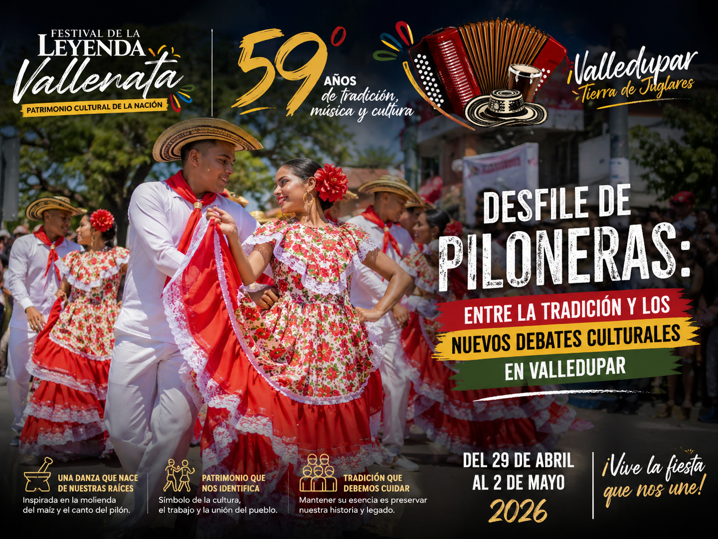 Desfile de piloneras en el Festival Vallenato 2026 en Valledupar con parejas bailando danza tradicional
