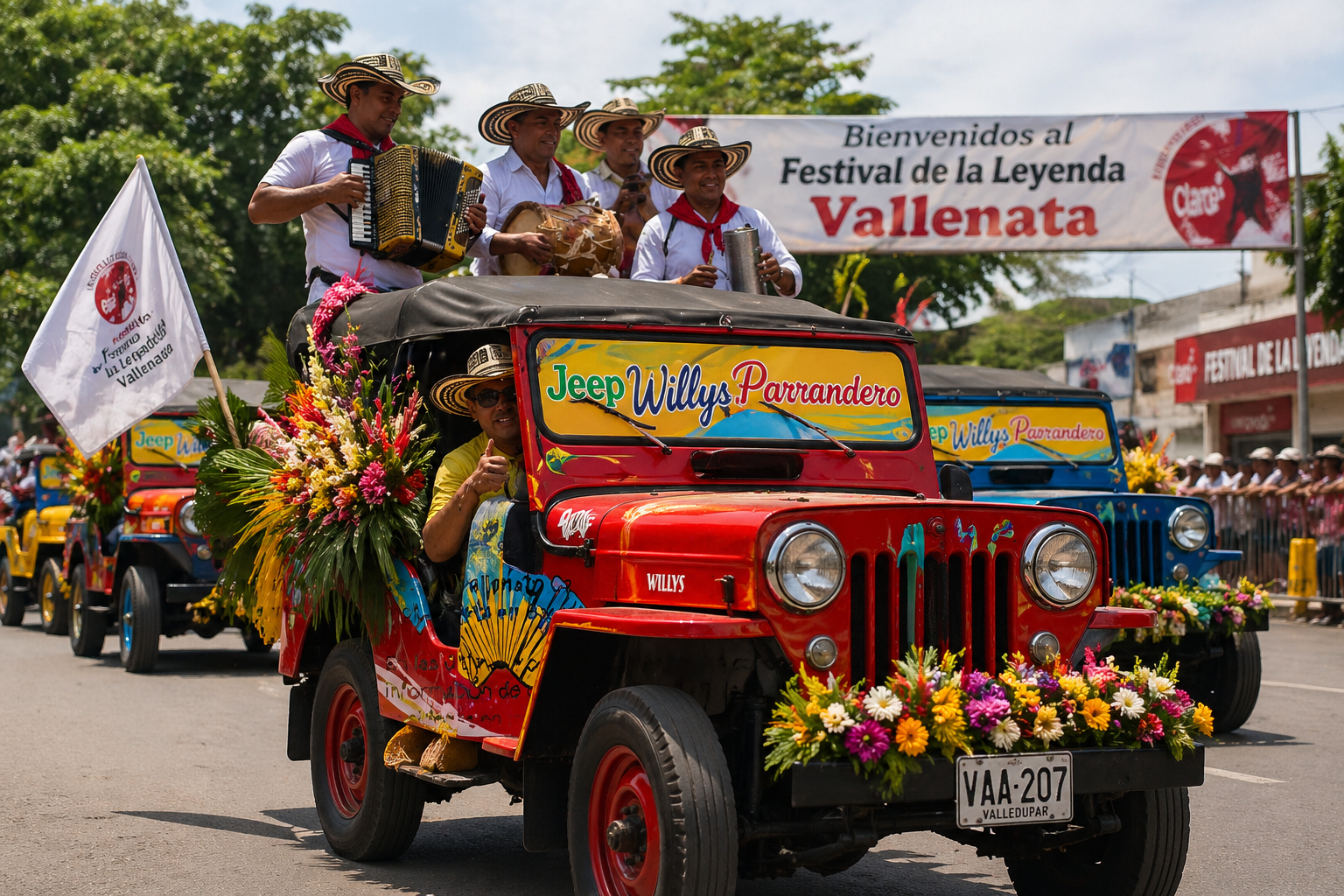 Jeep Willys Parranderos con músicos vallenatos recorriendo las calles de Valledupar durante el Festival Vallenato