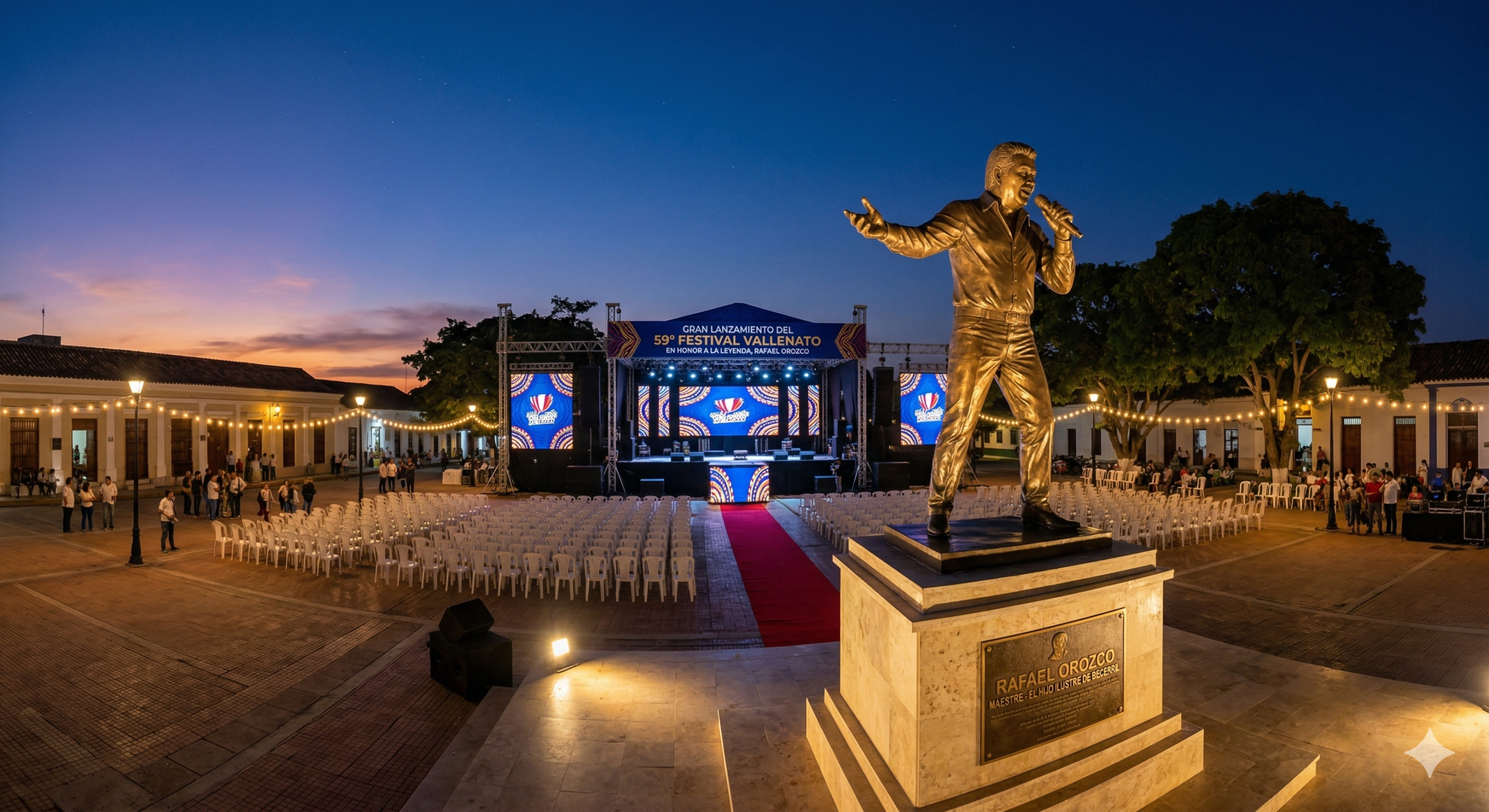 Estatua de Rafael Orozco en la plaza de Becerril durante el lanzamiento del 59° Festival de la Leyenda Vallenata.