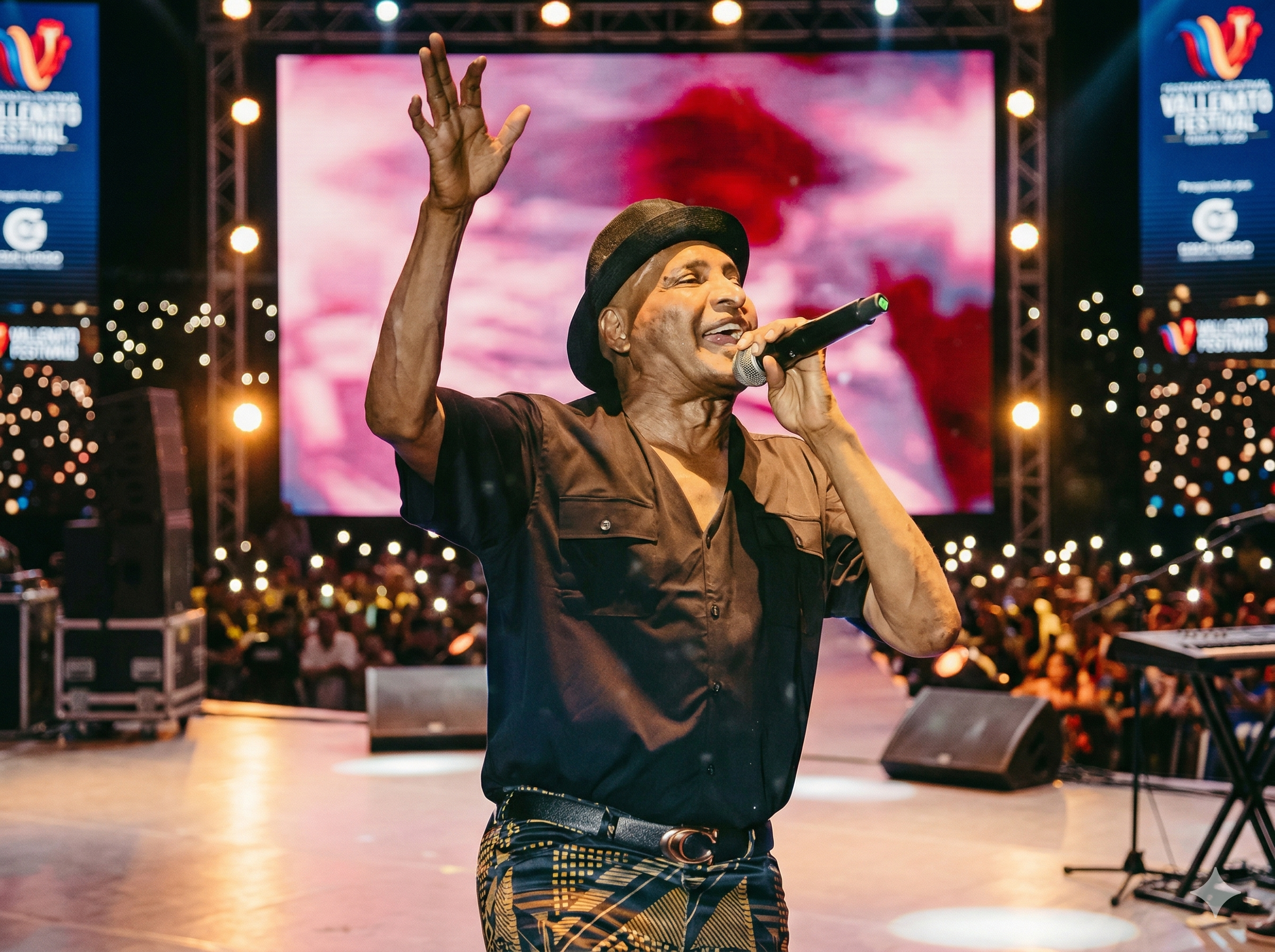Farid Ortiz, el 'Rey de los Pueblos', sonríe y levanta la mano durante un concierto de vallenato en vivo.