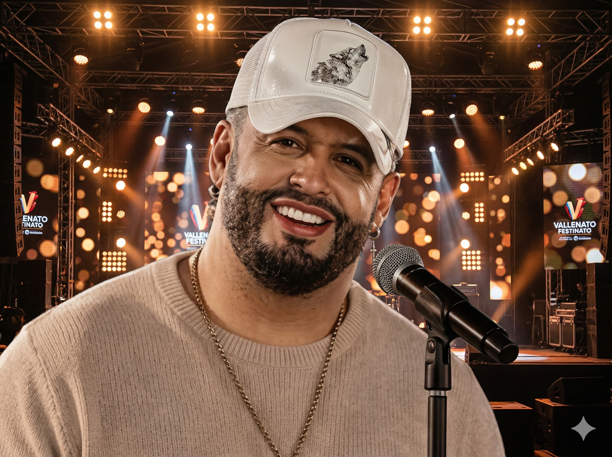Nelson Velásquez, cantante vallenato, sonríe con un micrófono en la mano durante un concierto en vivo.