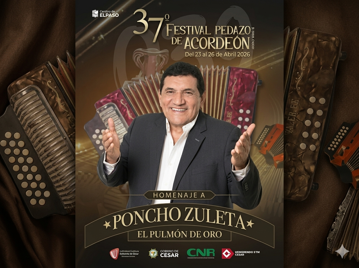 La 37ª edición del Festival Pedazo de Acordeón se celebrará en El Paso, Cesar, del 23 al 26 de abril de 2026, rindiendo homenaje al cantante "Poncho" Zuleta.