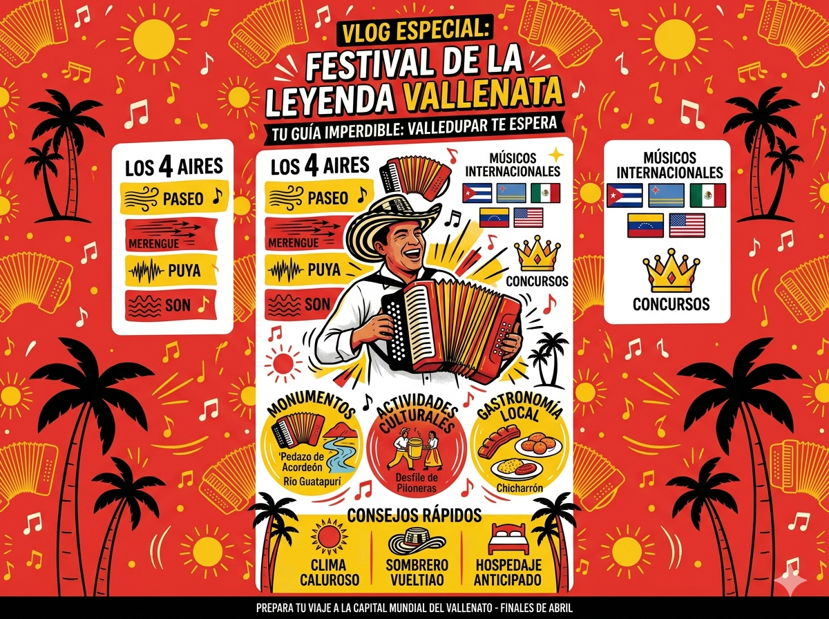 Ambiente del Festival de la Leyenda Vallenata en Valledupar, donde miles de personas se reúnen para celebrar la cultura del acordeón. Imagen creada por Vallenatísimo.