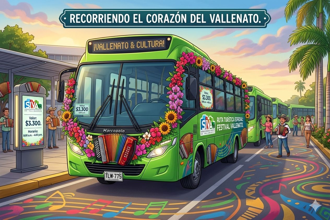 Bus de ruta turística SIVA decorado para el Festival Vallenato recorriendo Valledupar