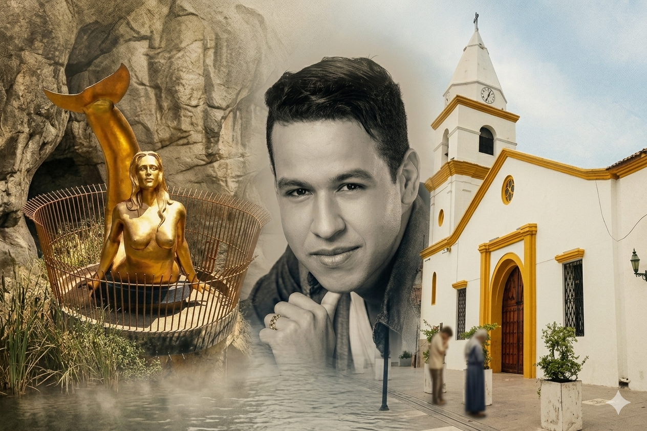 Composición fotográfica de Viernes Santo en Valledupar: Martín Elías Díaz, la escultura de la Sirena del Hurtado y la Iglesia de la Inmaculada Concepción.