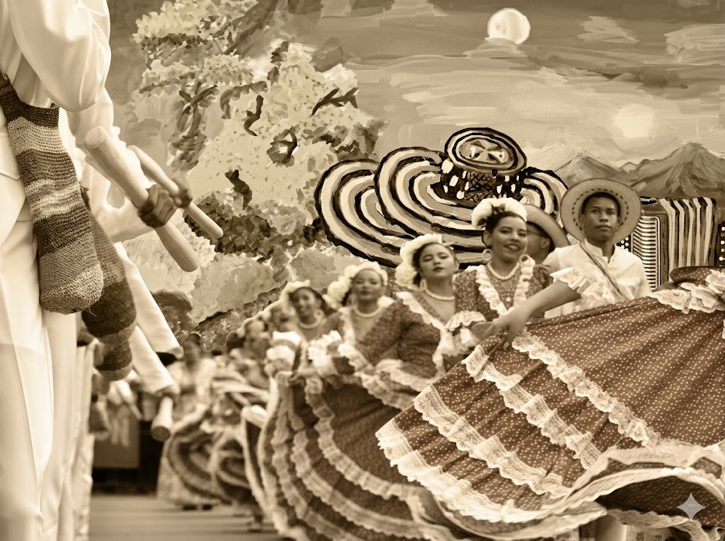 Obra de arte en tono sepia que fusiona el Desfile de Piloneras Vallenatas con elementos tradicionales como el Cañaguate, el Sombrero Vueltiao y el Acordeón.