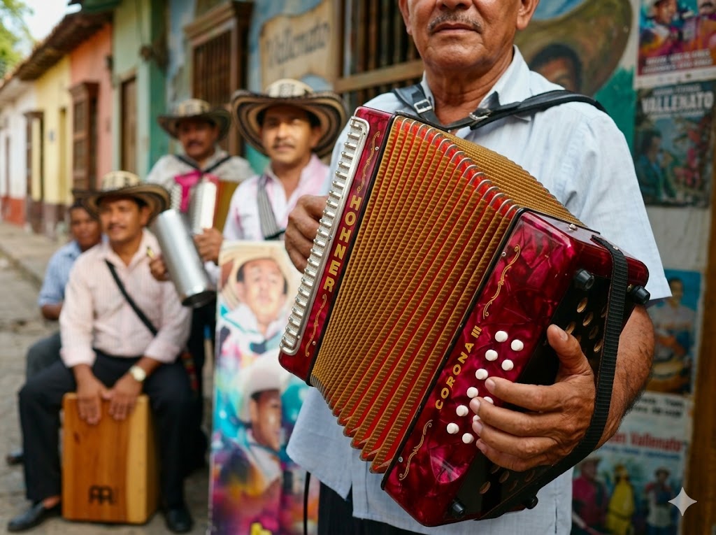 Músico tocando acordeón rojo Hohner Corona III en Valledupar durante convocatoria de becas musicales.