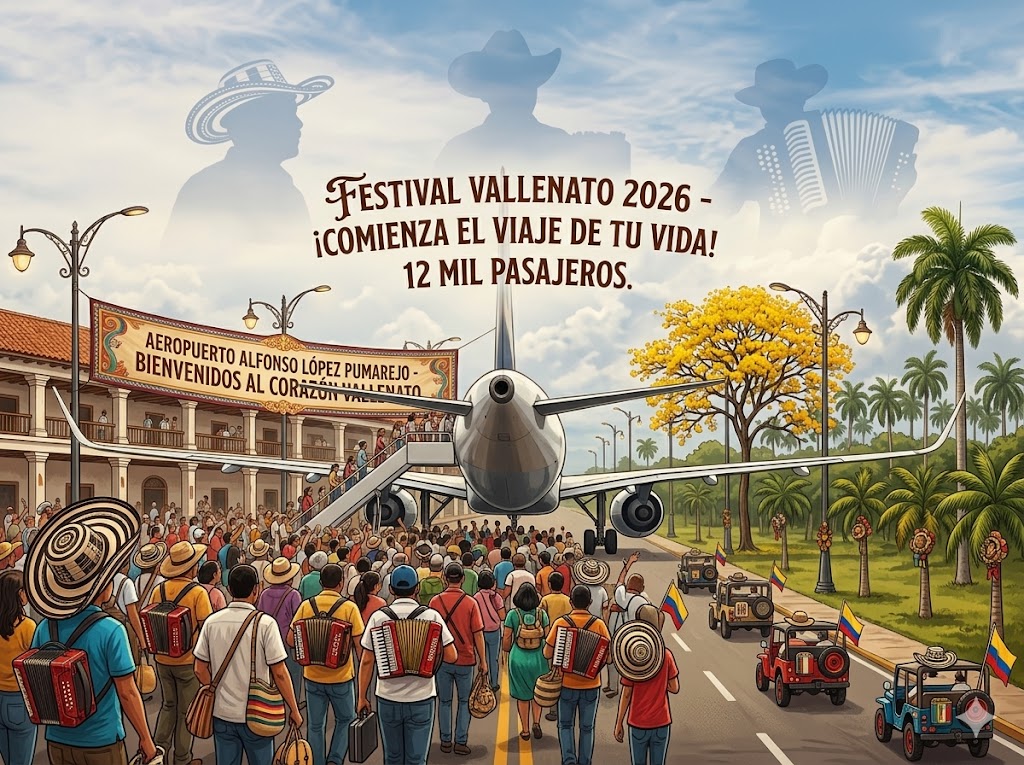 Ilustración conceptual de la llegada masiva de pasajeros al Aeropuerto Alfonso López de Valledupar durante el Festival Vallenato, con personas cargando acordeones y cañaguates florecidos.