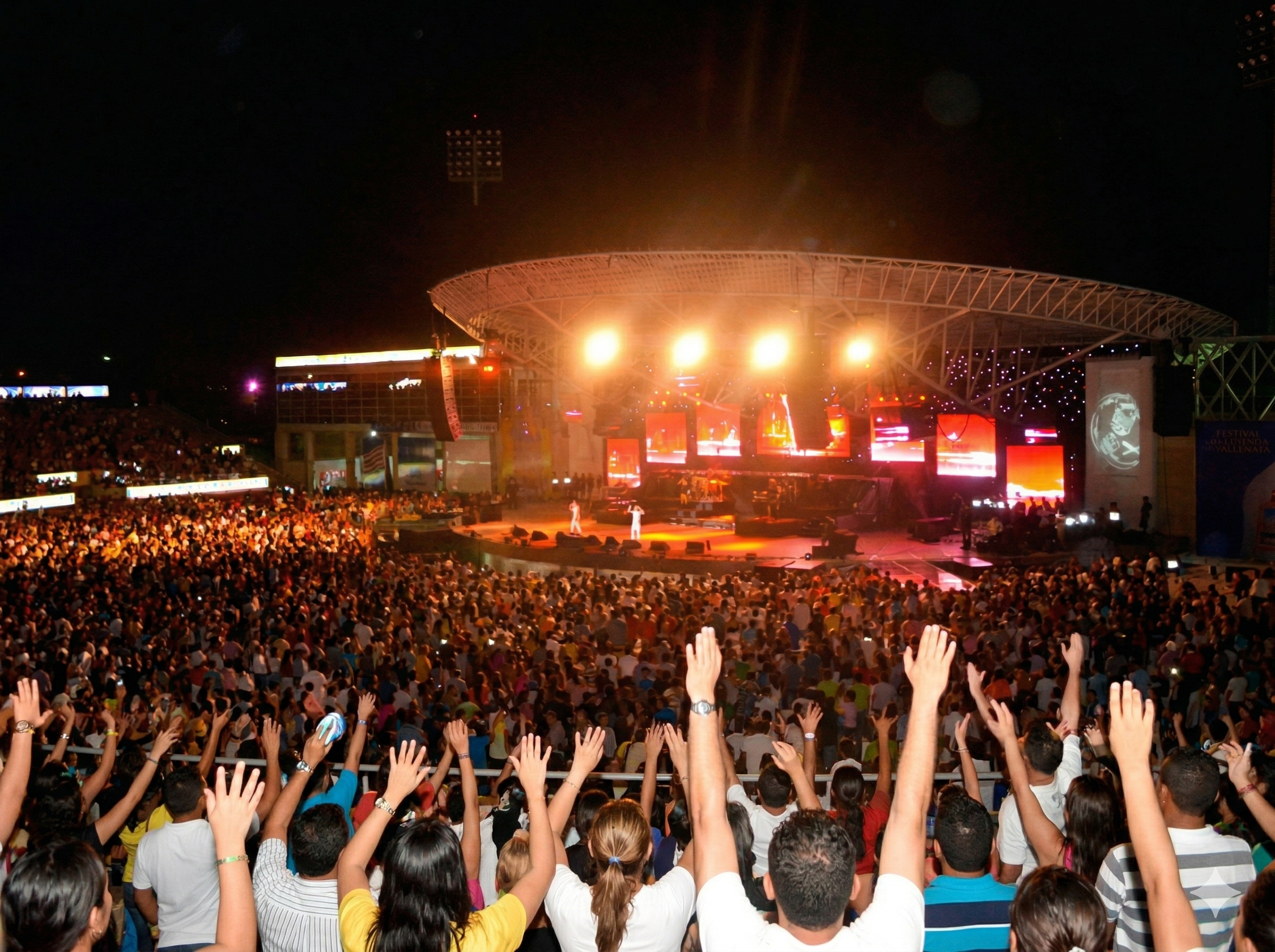 Vista panorámica del Parque de la Leyenda Vallenata de noche, con miles de personas alzando las manos durante un concierto bajo la emblemática estructura del escenario.