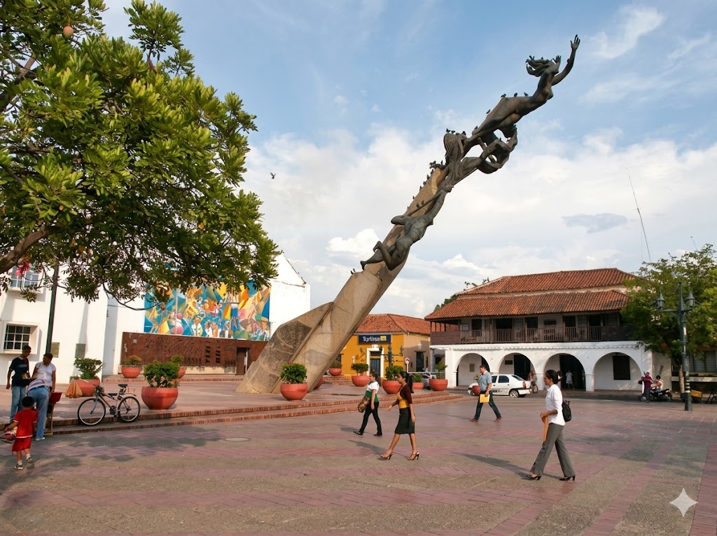 Plaza Alfonso López de Valledupar con el monumento completo Homenaje al Vallenato y edificios coloniales, ideal para turismo durante el Festival Vallenato.