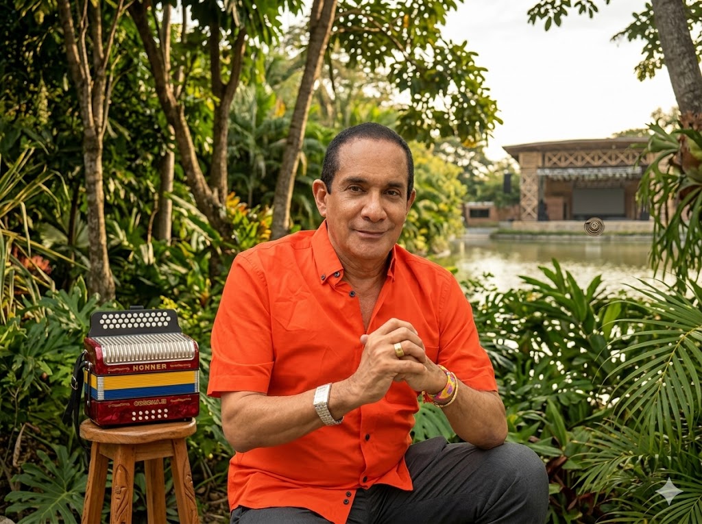 Rafa Manjarréz, compositor de Ausencia Sentimental, junto a un acordeón en un entorno natural de Valledupar durante el Festival Vallenato.