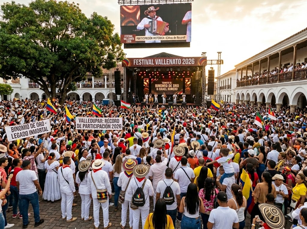 Multitud en la Plaza Alfonso López celebrando el récord de participación del Festival Vallenato 2026.