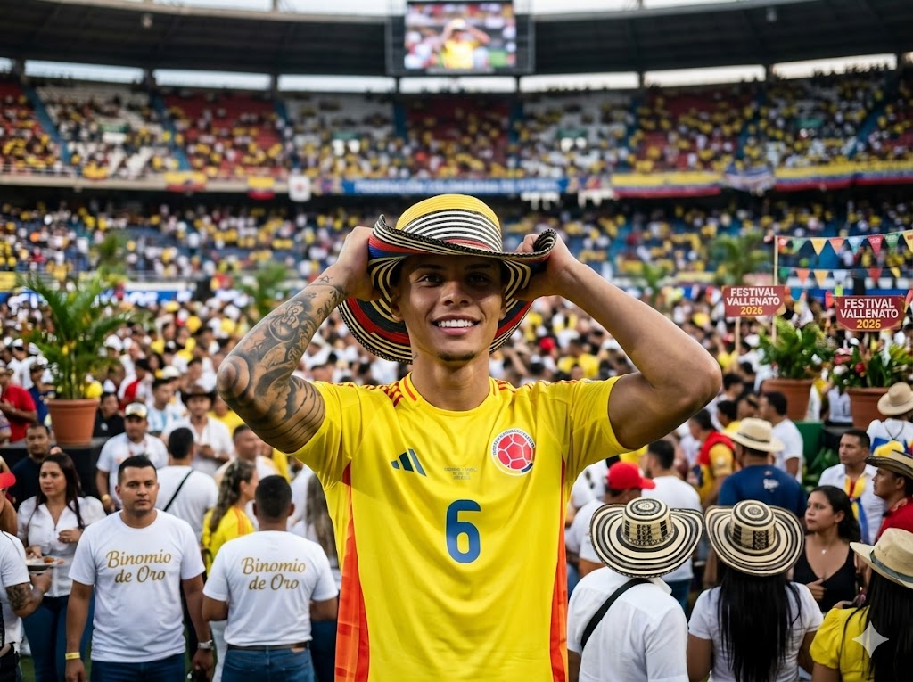 Richard Ríos con sombrero vueltiao tricolor en medio de la multitud del Festival Vallenato 2026.
