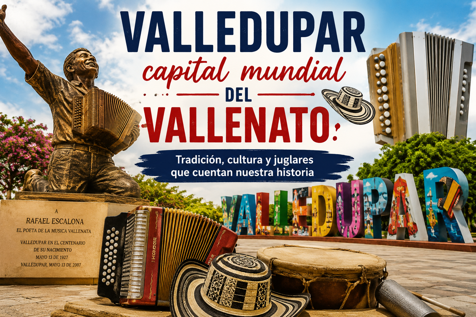 Monumento a Rafael Escalona, acordeón y elementos folclóricos que representan a Valledupar como capital mundial del vallenato.