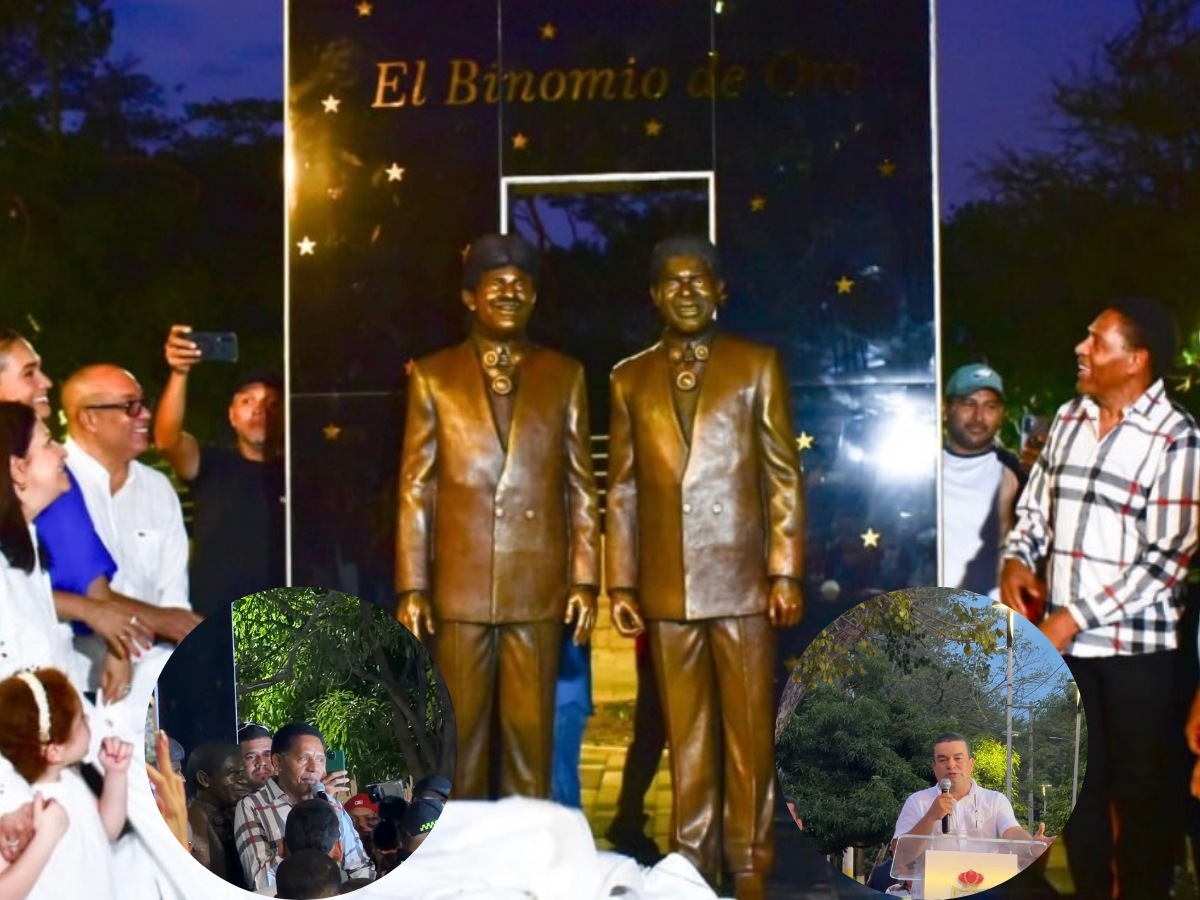Esculturas de bronce de Rafael Orozco e Israel Romero durante su inauguración en Valledupar.