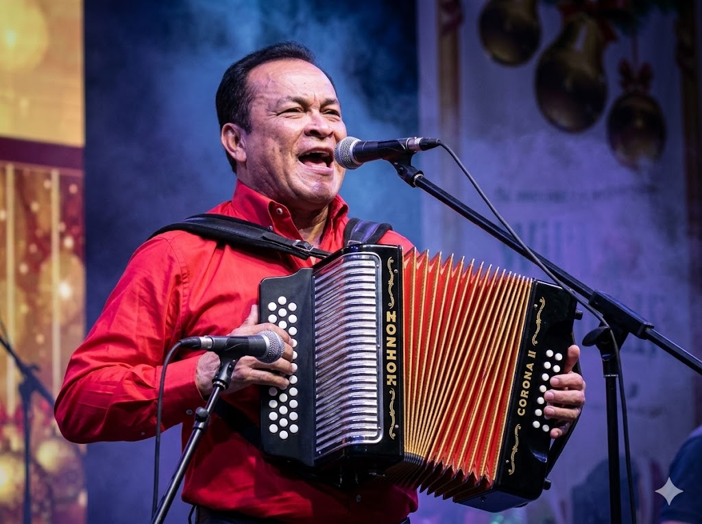 El maestro Alfredo Gutiérrez, trirrey vallenato, tocando su acordeón durante una presentación en vivo.