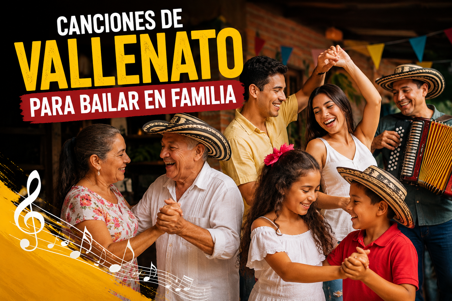 Familia bailando vallenato en una celebración alegre con acordeonero.