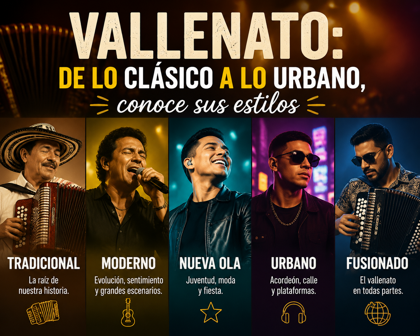Estilos del vallenato desde lo clásico hasta lo urbano y fusionado.