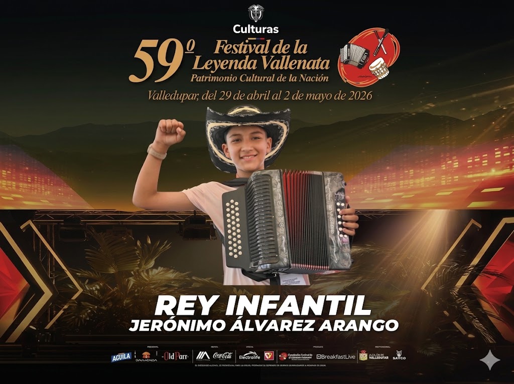 Jerónimo Álvarez Arango con su acordeón y sombrero vueltiao tras ser coronado Rey Infantil del 59° Festival de la Leyenda Vallenata 2026.