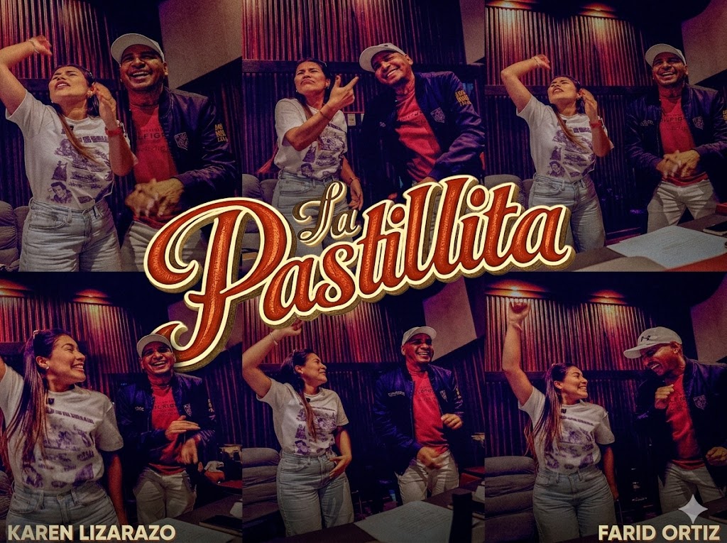 Karen Lizarazo y Farid Ortiz celebrando en el estudio de grabación durante el lanzamiento de su nueva canción ‘La Pastillita’.