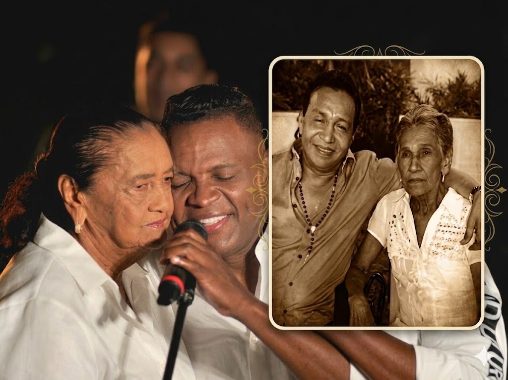 Collage de Omar Geles abrazando a su madre Hilda Suárez y Diomedes Díaz junto a Elvira Maestre ‘Mamá Vila’, figuras icónicas entre las madres del vallenato.