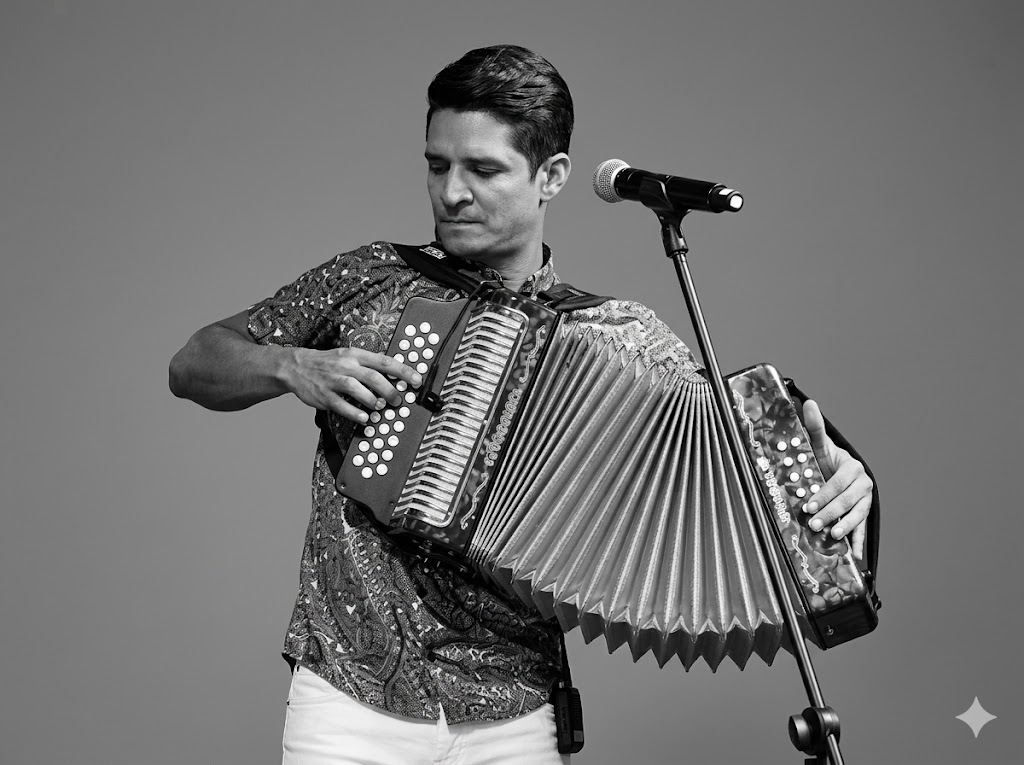 El acordeonero Omar Alberto ‘El Zorro’ Hernández interpretando el acordeón en blanco y negro, tras su participación en el Festival de la Leyenda Vallenata 2026.
