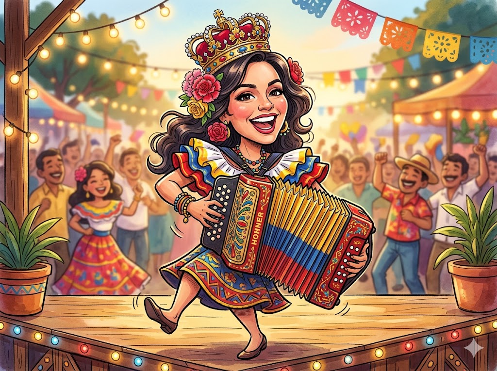 Ilustración festiva de una acordeonera coronada celebrando el primer concurso de Reina de reinas Festival Vallenato 2027.