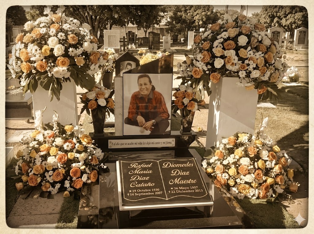 Vista de la tumba de Diomedes Díaz en el cementerio Jardines de Ecce Homo decorada con flores durante el Festival Vallenato.